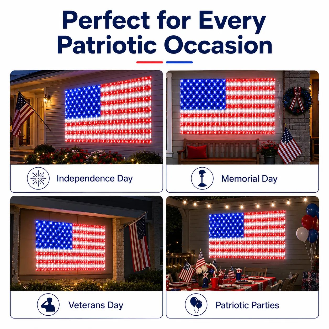 Solar American Flag Lights Outdoor American Flag Net Lights 6.5ft x 3.28ft Super Bright,Memorial Day Decorations of The United States for Independence/National/Memorial Day,July 4th Waterproof solar lights outdoor