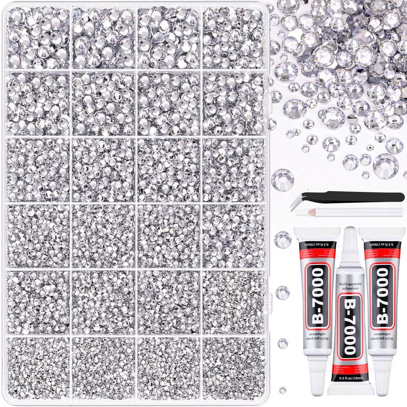 VIBRANT GEMS 32000Pcs Resin Rhinestones with Tweezers for Crafting Mixed-Color 3mm Bedazzling Crystal with 3Pcs 10ml B7000 Jewelry Glue for DIY Crafts Clothing Tumblers Shoes Fabric Nail Art Colorful