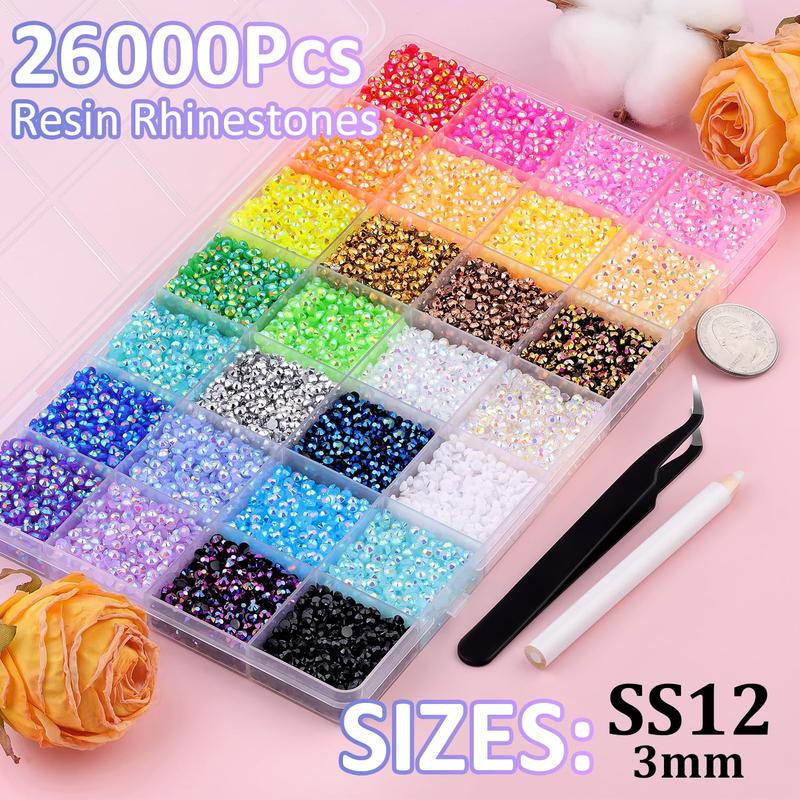 VIBRANT GEMS 32000Pcs Resin Rhinestones with Tweezers for Crafting Mixed-Color 3mm Bedazzling Crystal with 3Pcs 10ml B7000 Jewelry Glue for DIY Crafts Clothing Tumblers Shoes Fabric Nail Art Colorful