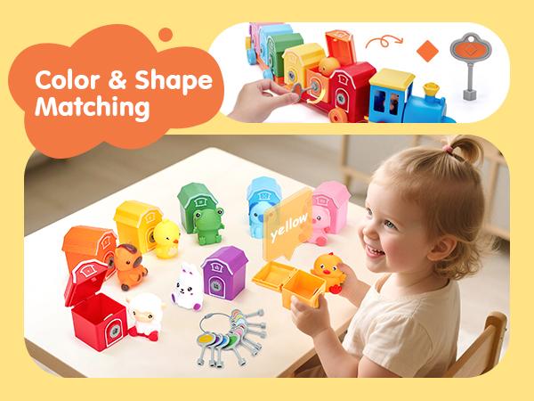 Hahaland Toddler Counting Matching & Sorting Activity Montessori Farm Train Set with Farm Animals Finger Puppets Keys to Lock and Unlock Barn Birthday Gift for Boys Girls 1-3Year Old Busy Board Magnetic Building Blocks