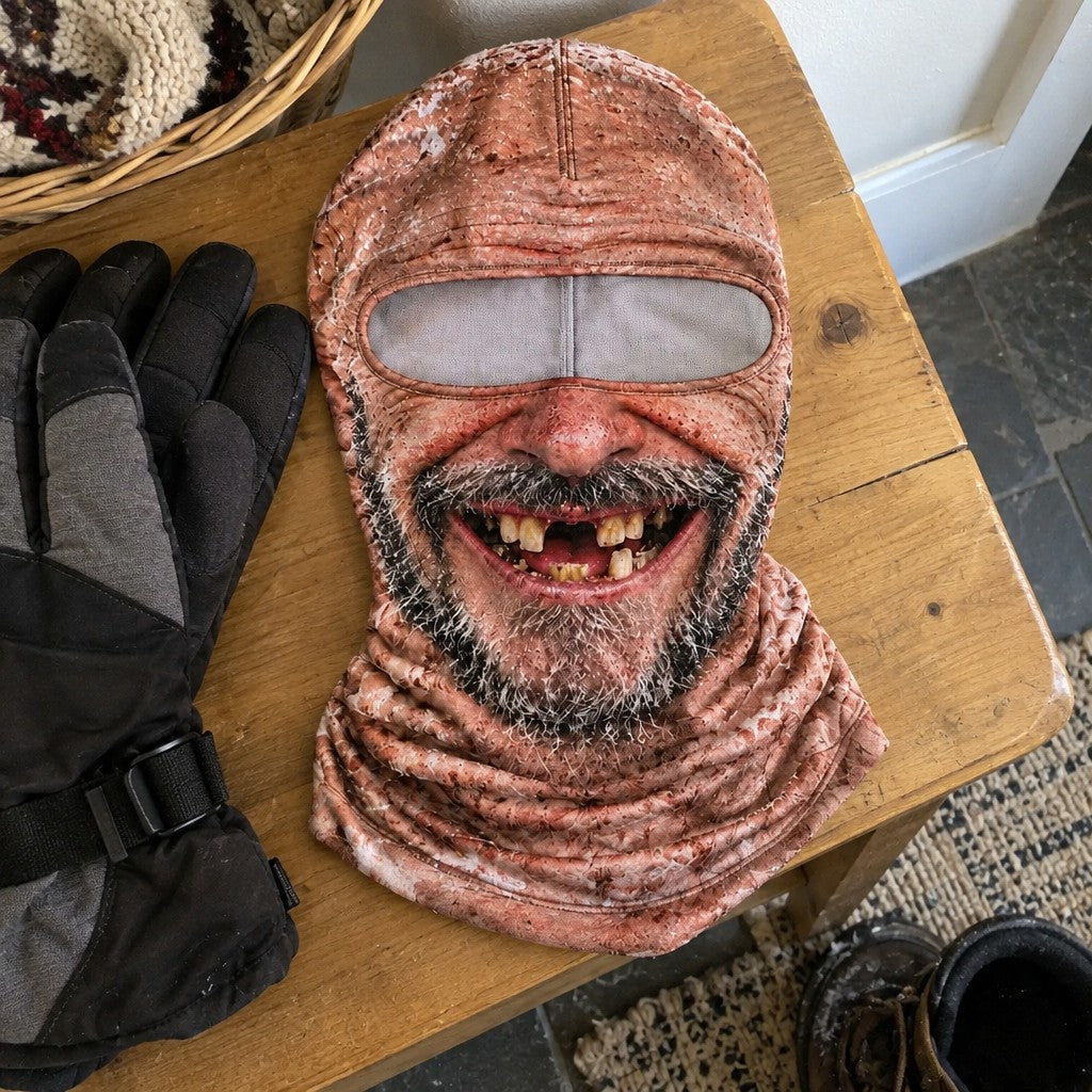 The Uncle mask lying flat on a wooden entry bench beside black winter gloves, eye panel and long printed neck visible