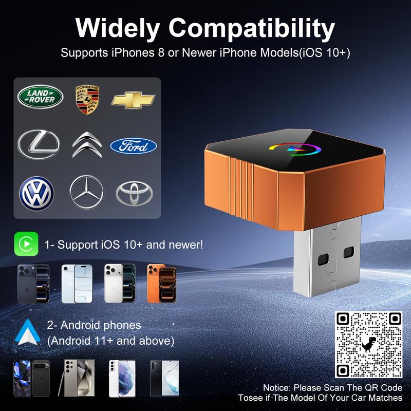 Mini Orange Blue Silver Cube Pro  3.0 Wireless CarPlay & Android Auto Adapter 2026– Plug & Play, Fast Auto-Reconnect
