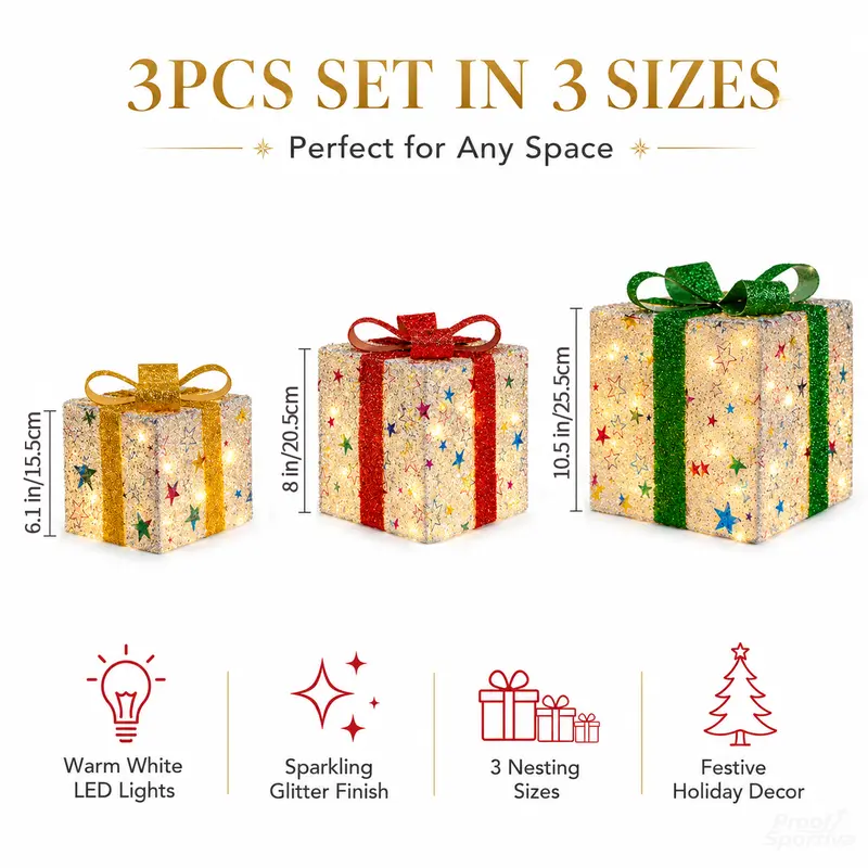 3pc Christmas Ornaments Gift Box LED Lanterns with Remote & Warm Light