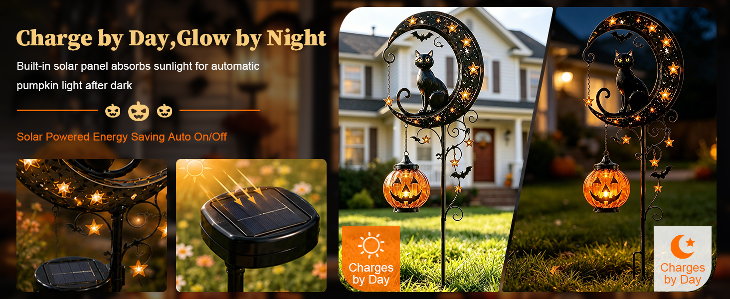 Solar Halloween Black Cat &amp;amp; Pumpkin Moon Garden Stake Light