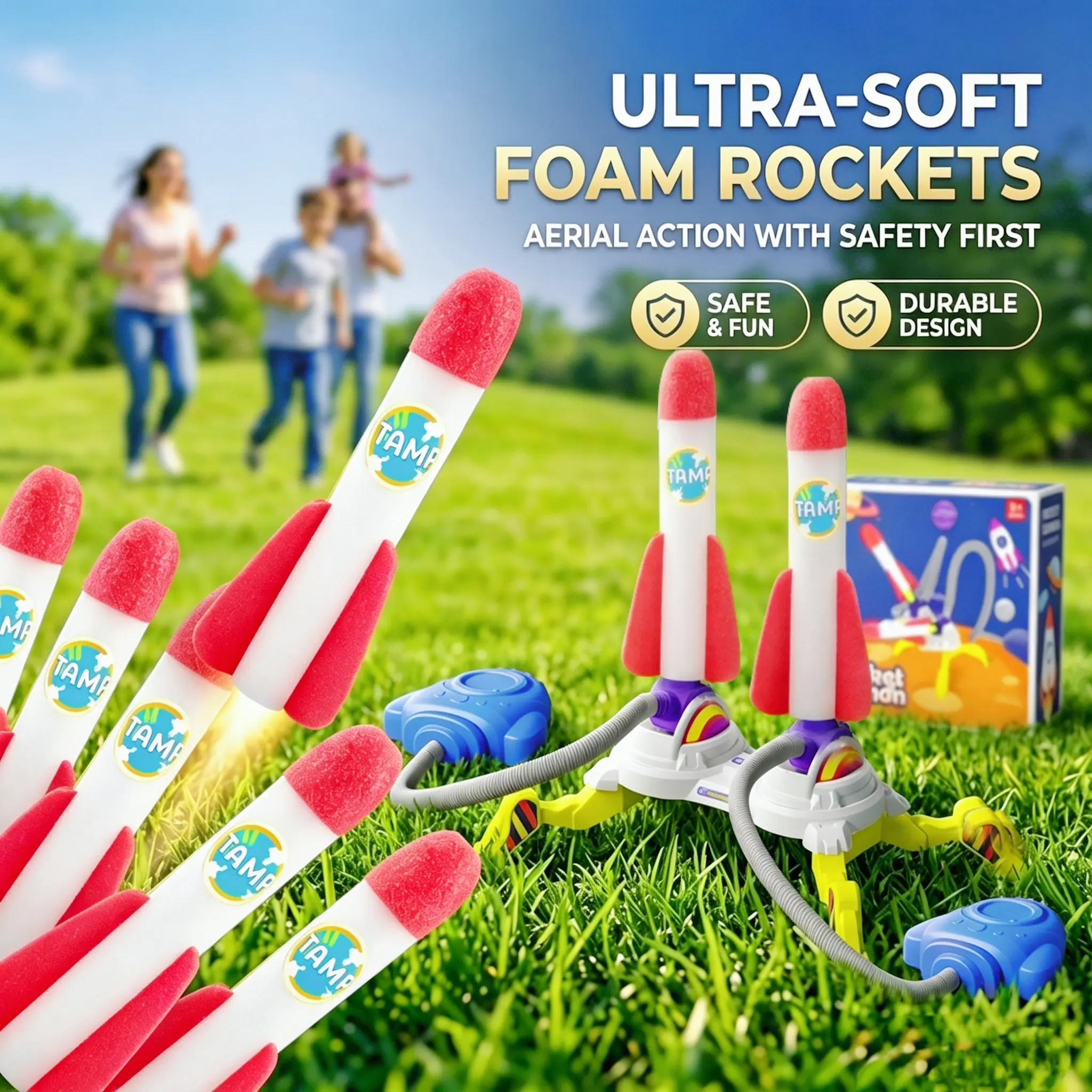 Rocket Launcher Toy Set - Light-Up Glow Foam Rockets, Adjustable Launch Stand with Durable Base for Stomping, 200 ft Launch Range, Playful Flying Toys, Outdoor Family Fun Holiday Gift Idea