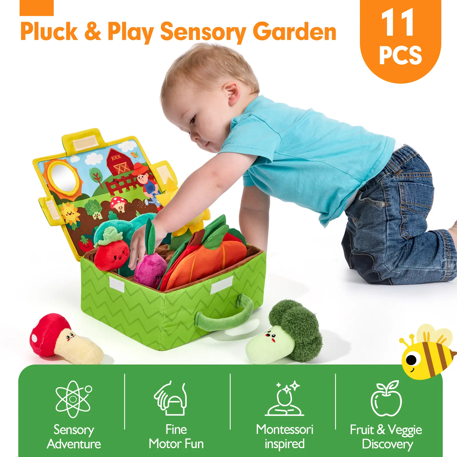My First Garden Stuffed Toys Set-Fruits Vegetables Garden Plant Plush-Sensory for Babies 6-12 Months,Montessori Sensory Toy Carrot Flower with Rattles Mirror Squeaker Textures , Baby Gifts,Soft Huggable Stuffedtoy,Durable Soft Fluffy