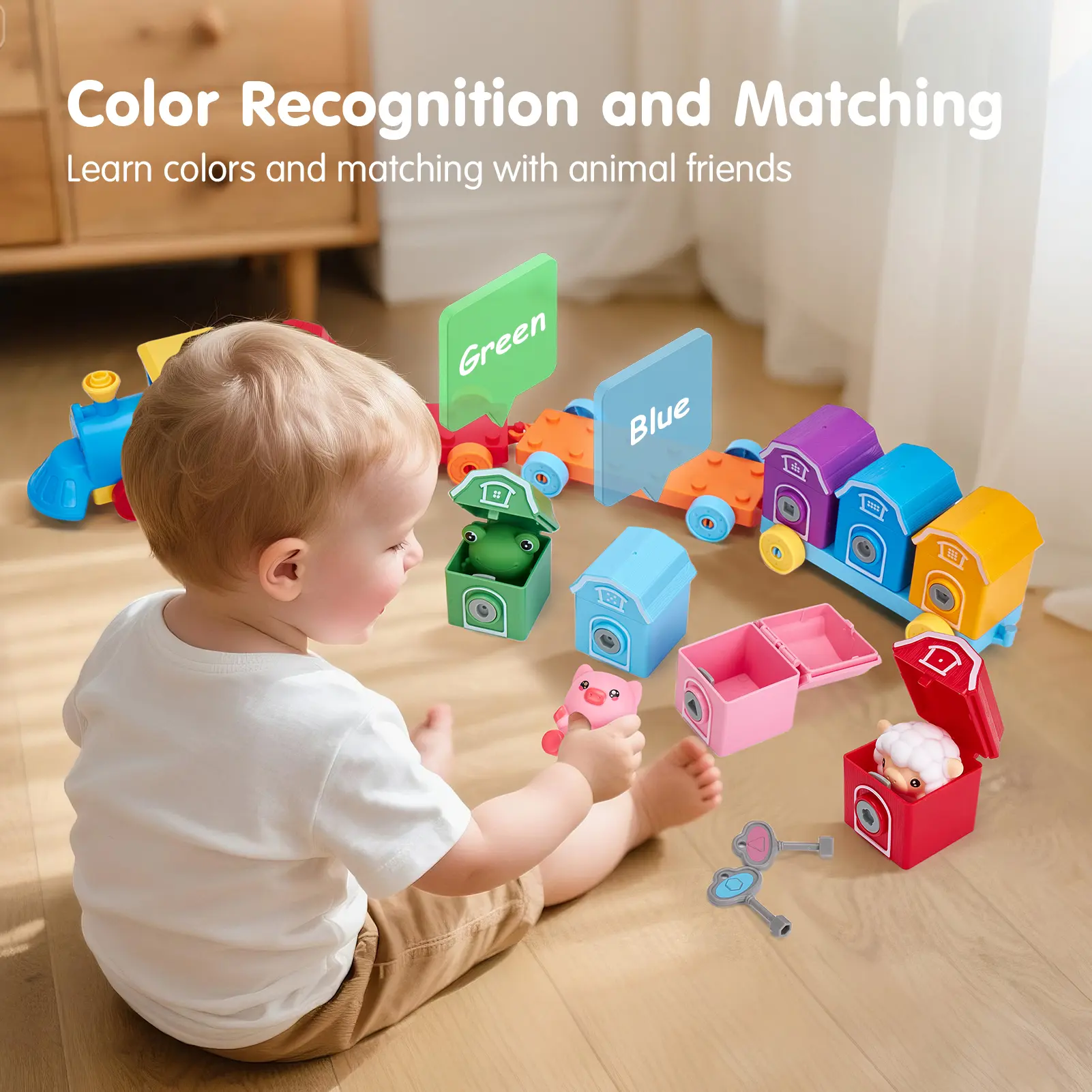 Toddler Counting Matching & Sorting Activity Montessori Farm Train Set with Farm Animals Finger Puppets Keys to Lock and Unlock Barn Birthday Gift for Boys Girls 1-3Year Old Busy Board Magnetic Building Blocks