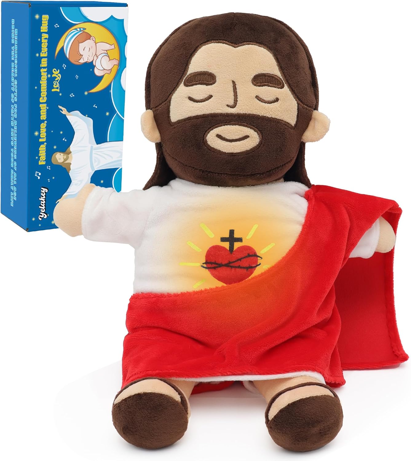 Yelakey Breathing Jesus Plush Soothing Jesus Plush Toys with Light & Sound, Jesus Stuffed Animal Breathing Plushy Doll, Christian Catholic Religious Plushie Christmas Easter Gifts for Kids Baby Adult