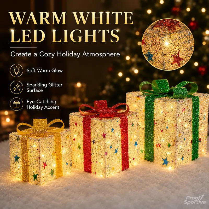 3pc Magical Plastic Christmas Ornaments Set with Gift Box - 8 Modes, Remote Control, Warm Light LED Lights, Ribbon Accents, DIY Assembly, AA Battery Powered (Battery Not Included) for Indoor/Outdoor Camping Hiking Use