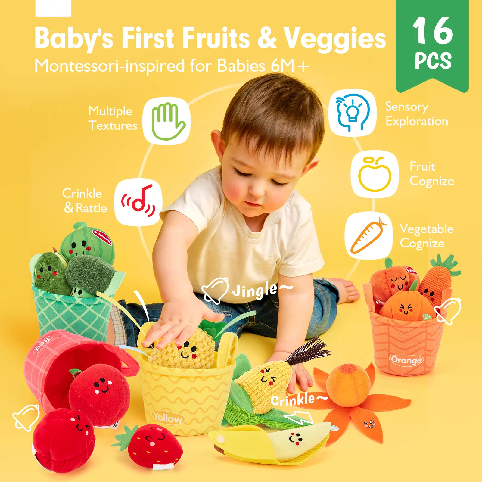 16Pcs My First Fruit Vegetable Color Sorting Play Food-Crinkle,Rattle,preschool Toy,Baby Toys 6-12 Months Montessori learning Toys for 1 Year Old Boy Girl Gifts,Mothersdaygift/Newborngift,summervibes