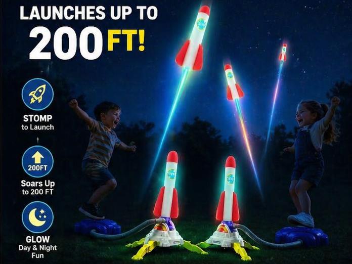 Rocket Launcher Toy Set - Light-Up Glow Foam Rockets, Adjustable Launch Stand with Durable Base for Stomping, 200 ft Launch Range, Playful Flying Toys, Outdoor Family Fun Holiday Gift Idea