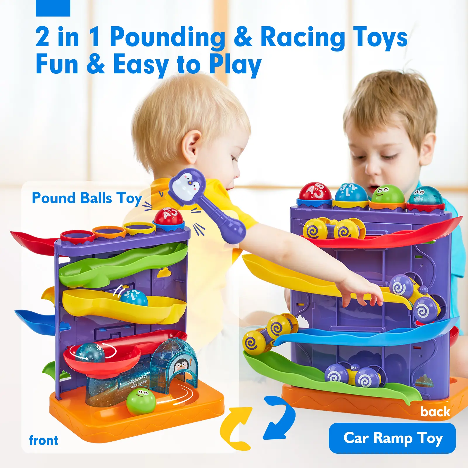 2 in 1 Pound Ball Toy & Car Ramp Race Track / Pop Up Montessori Toys with Hammers,Toddler Toys for 1 Year Old Boy，Learning Early Developmental Montessori Toys for 2 Year Old Christmas Birthday Easter Gifts, Toddler Playset