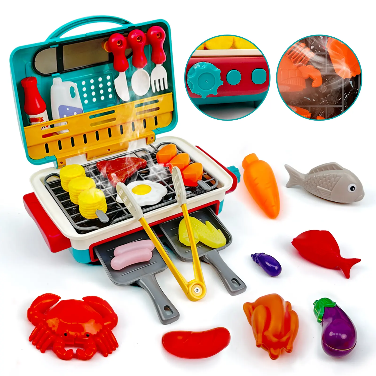 Kids BBQ Grill Playset with Smoke Light Sound, Toy Grill Set with Play Food Cooking Accessories, Pretend Kitchen Toy