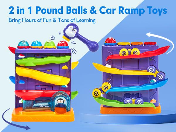 Hahaland 2 in 1 Pound Ball Toy & Car Ramp Race Track / Pop Up Montessori Toys  with Hammers,Toddler Toys for 1 Year Old Boy，Learning Early Developmental Montessori Toys for 2 Year Old Christmas Birthday Easter Gifts, Toddler Playset