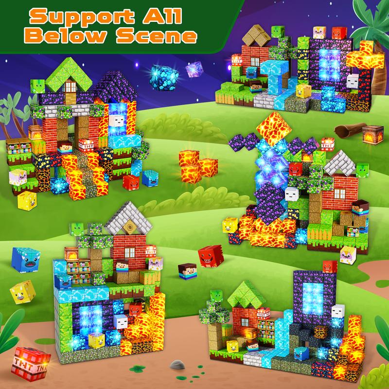 Magnetic Blocks- Portal Dinosaur Red Brick，Light Up Magnet Cubes, STEM Montessori Sensory Toys for Kids Boys Girls Ages 4-8 Christmas Birthday Gifts Multifunction