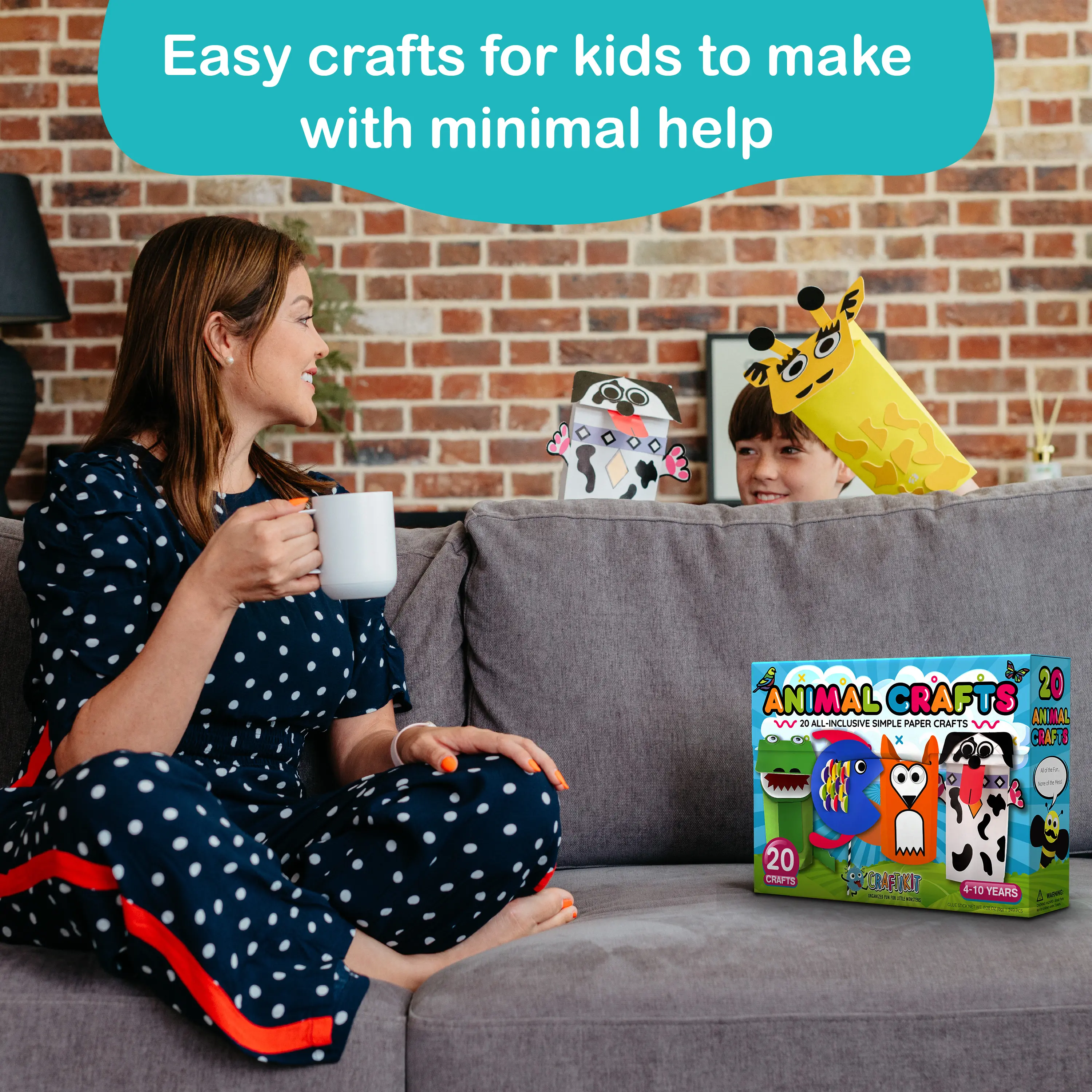20 Crafts in a Box - 20 Simple Paper Crafts for Kids Ages 3-8 - Arts and Crafts Kit with Envelopes Glue Stick Tape - Low Mess Easy to Complete Fun for Creativity & Fine Motor Skills