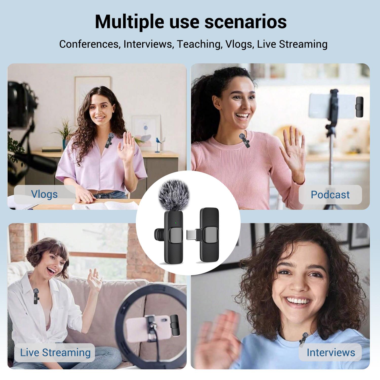Wireless Mini Lavalier Microphone for iPhone, iPad & Android, Noise-Cancelling Plug & Play Lapel Mic for Lightning, USB-Rechargeable Microphone for Short-Video Platforms, Vlogs & Live Streaming, Live Streaming Equipment