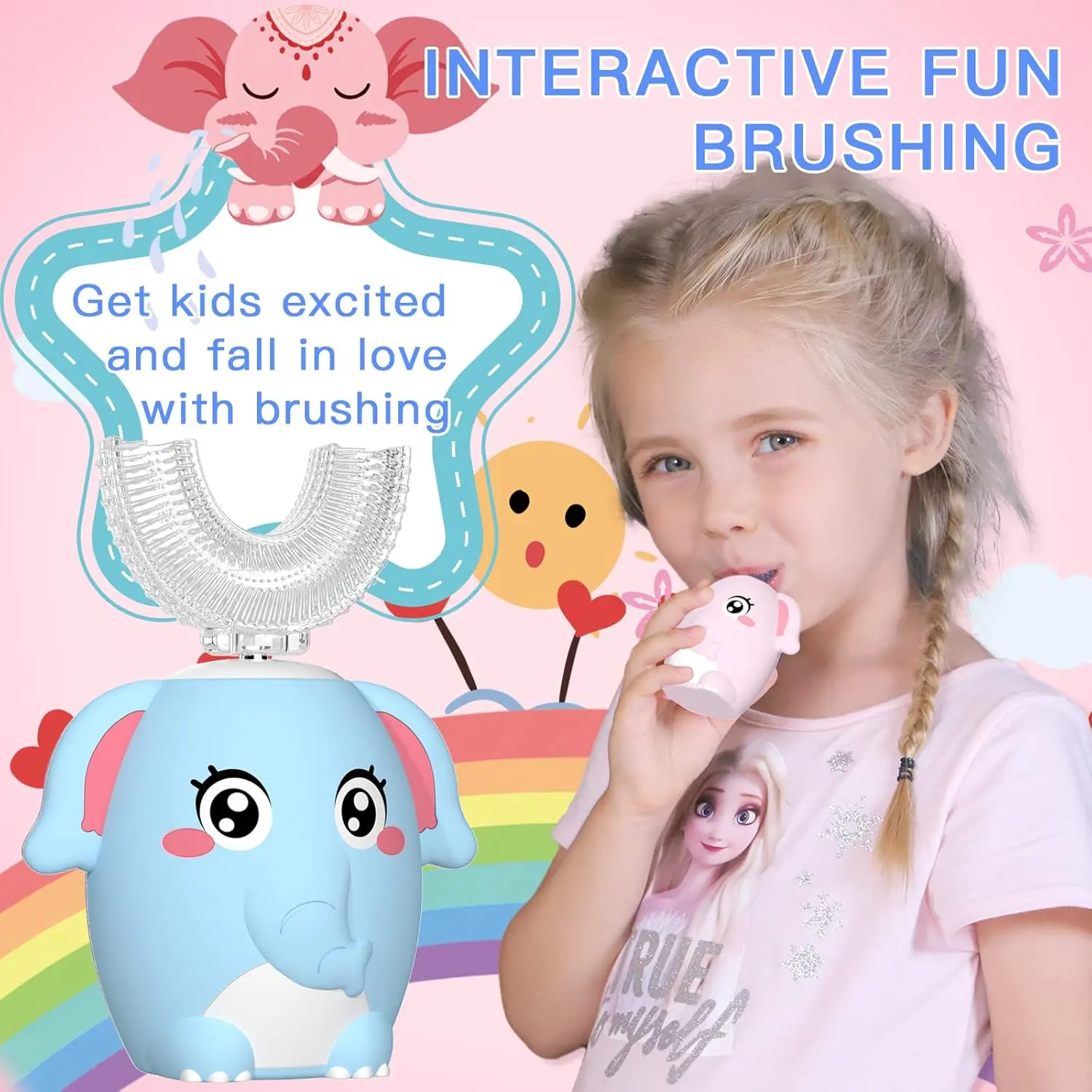 Kids U Shaped Electric Toothbrush Children Rechargeable Sonic Toddler Toothbrush baby Electric toothbrushes with1-4 Brush Heads Full Mouth 6 Cleaning Modes Oral hygiene Cleansing