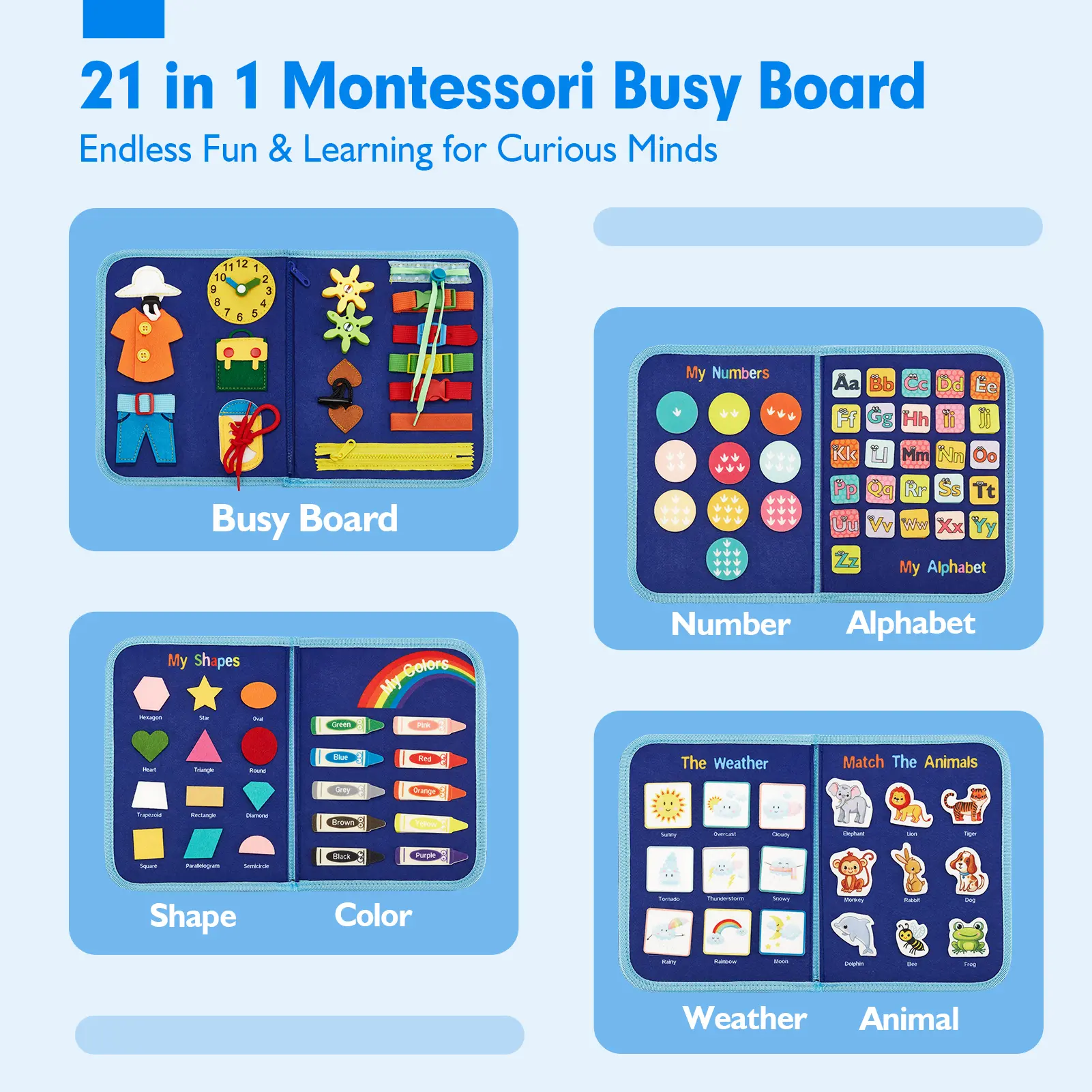 Preschool Busy Board, Unisex Montessori Felt Fabric Toy for Toddlers, Learning Activities for Fine Motor Skills, Portable Travel Book with Carry Handle, Carry Handle Makes Travel Play Easy