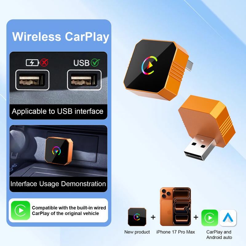 Mini Orange Blue Silver Cube Pro  3.0 Wireless CarPlay & Android Auto Adapter 2026– Plug & Play, Fast Auto-Reconnect