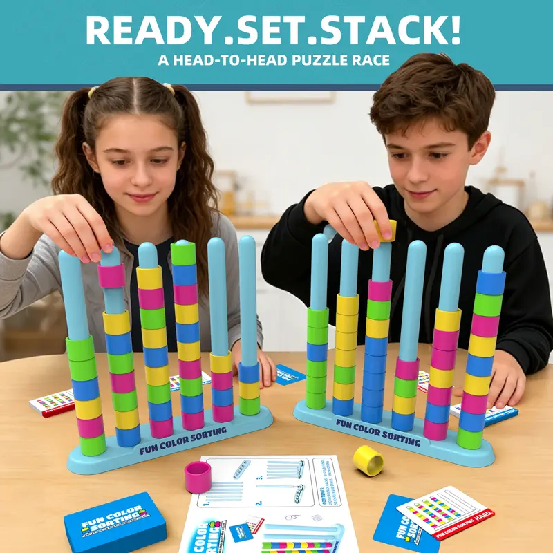Color Sorting Stack Puzzle Game &ndash; Fast-Paced Color Matching Brain Teaser with Challenge Cards, 2 Player Reflex Strategy Board Game, Stacking Game, Montessori STEM Educational Toy, Family Game Night, Party & Travel Tabletop Game for Kids & Adults