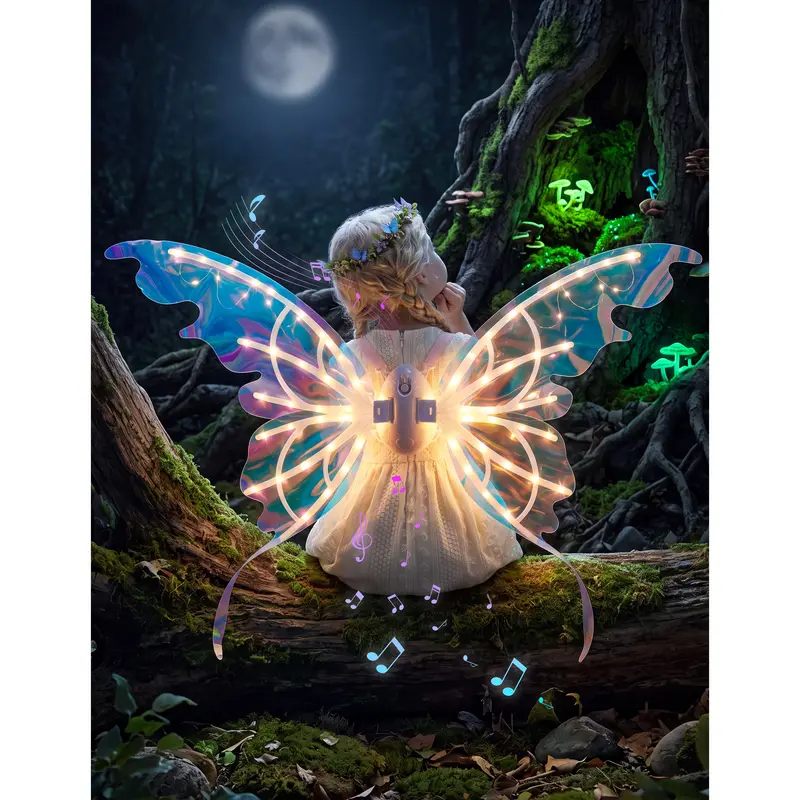 Electric Butterfly Wings Set, Moving Fairy Wings with Music and LED Lights, Light up Glowing Angel Wings Costume for Kids Girls for Halloween Cosplay Party, Birthday Gifts