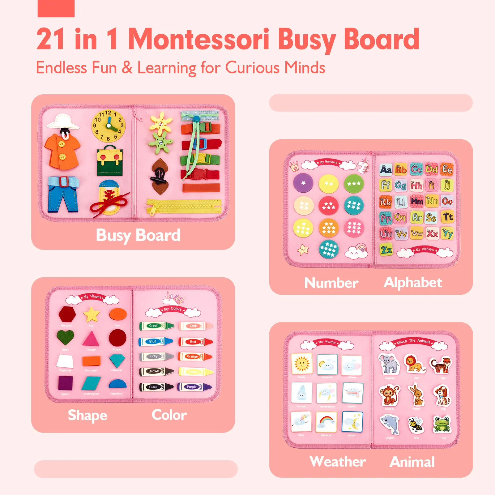  Preschool Busy Board, Unisex Montessori Felt Fabric Toy for Toddlers, Learning Activities for Fine Motor Skills, Portable Travel Book with Carry Handle, Carry Handle Makes Travel Play Easy