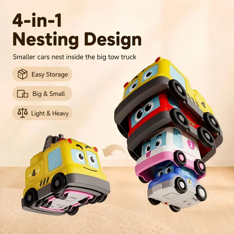 4 in 1 Montessori Toy Cars Set - Stacking Nesting Magnetic Following Toddler Toys 1-2, Sensory Toys with Lights, Music & Cars Toys
