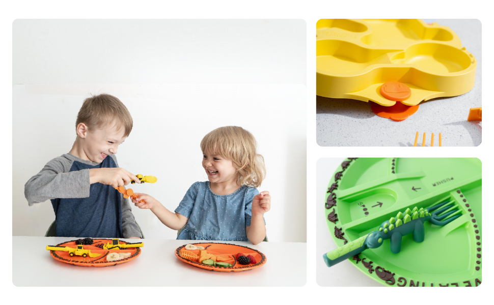 Happy kids using utensils and close ups of dino and truck plate