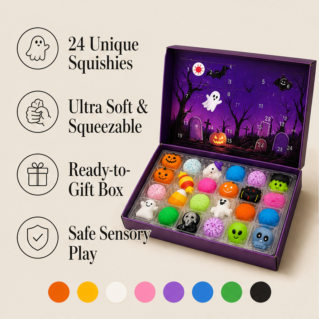 Feature grid showing 24 squishies, softness, gift box and safe play