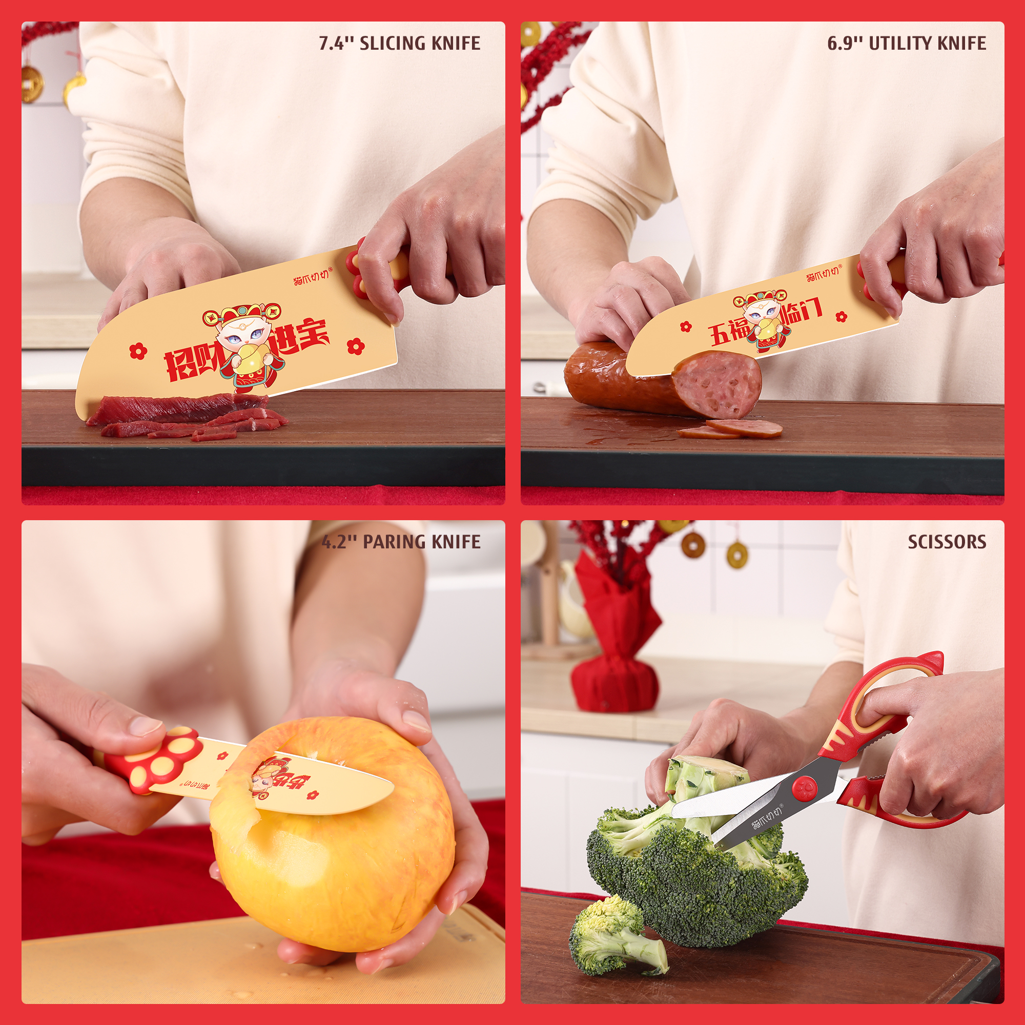 MEOWKIT 5-Piece Knife Set with Detachable Block – Nonstick Coated Blades (Energetic Red)