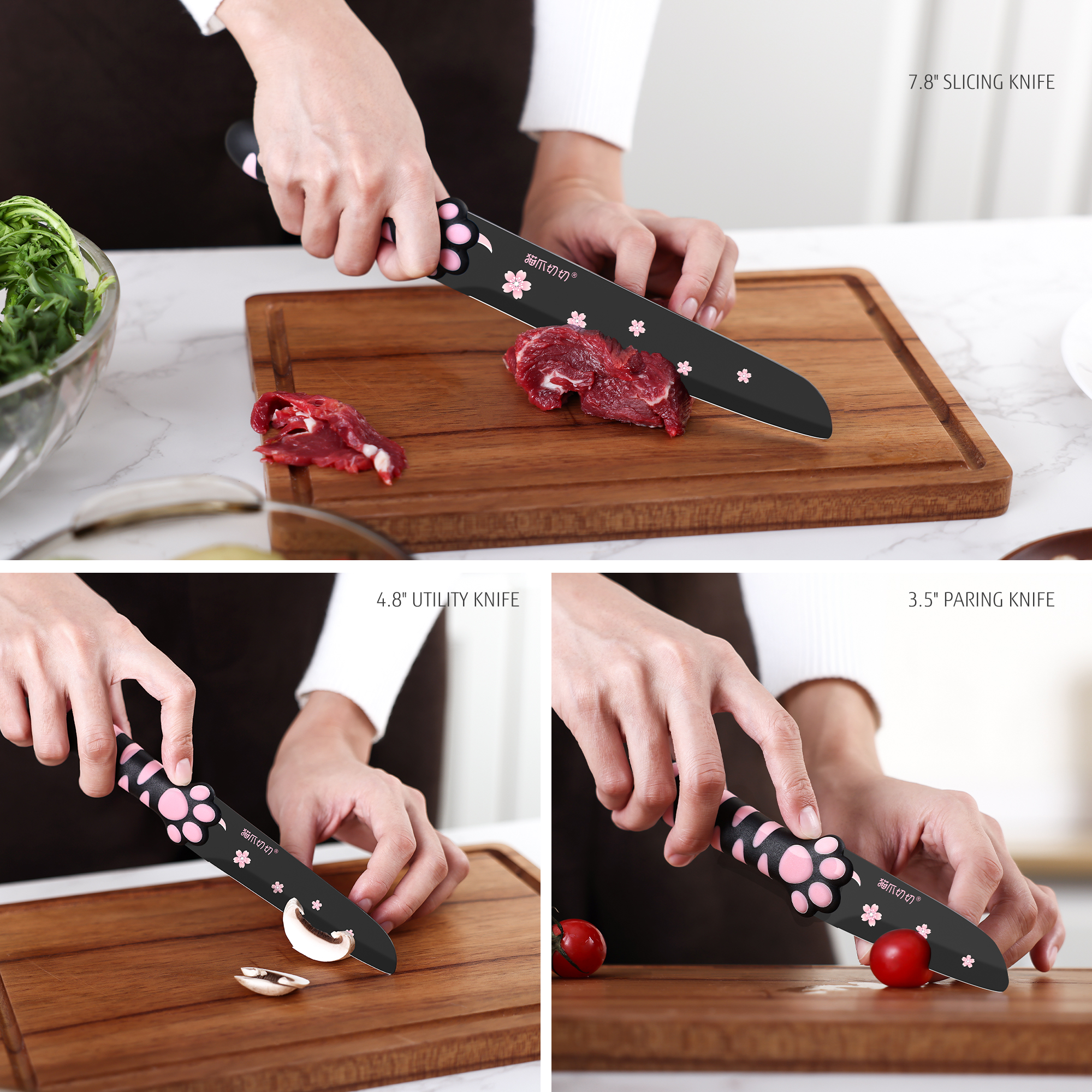 MEOWKIT 5-Piece Kitchen Knife Set – Stainless Steel Blades with Non-Stick Coating and Non-Slip Pink Handles-Meowkit 