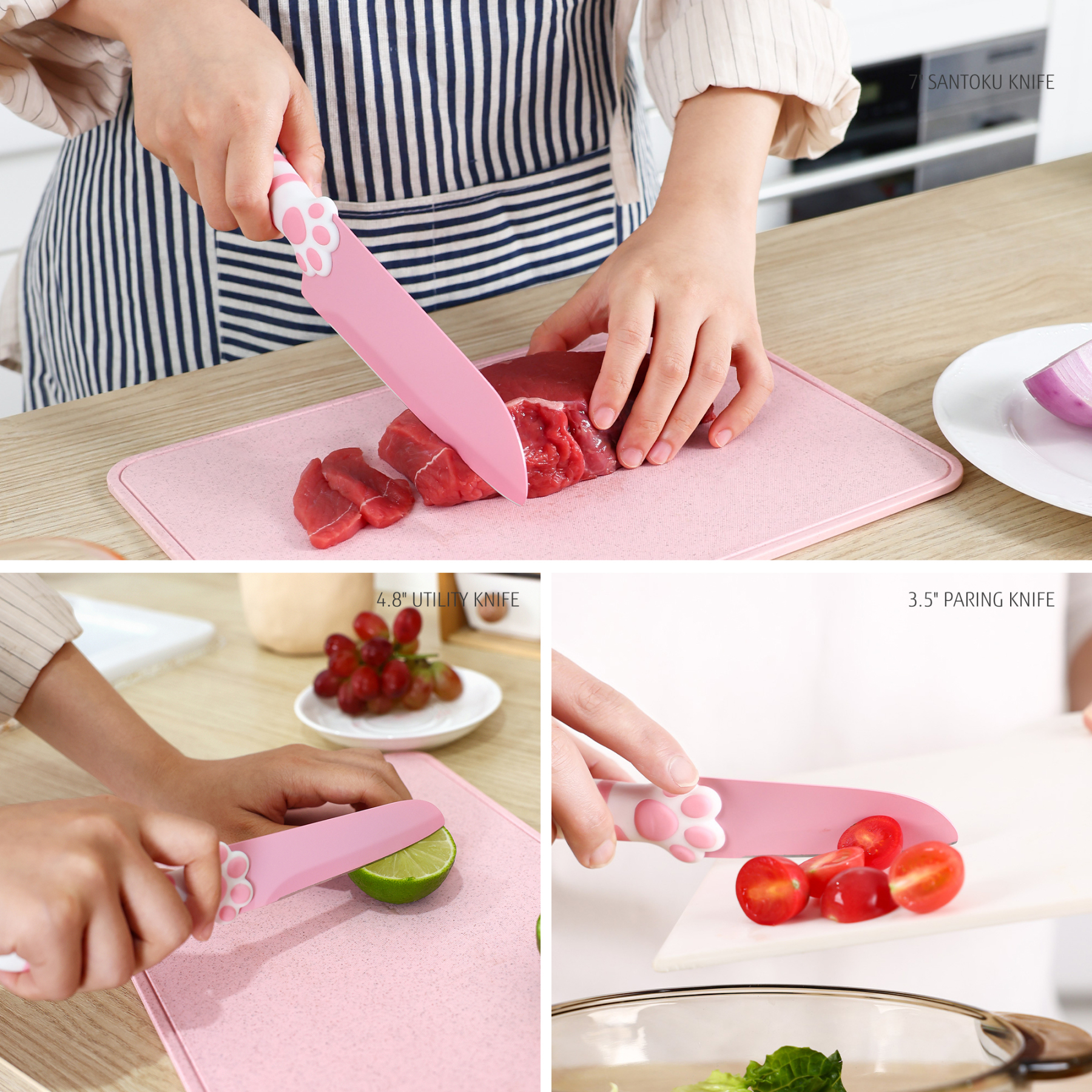 Meowkit Pink 3PCS Kitchen Knife Set Non-stick Coating Blade