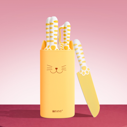 Meowkit 5 PCS Knife Set – Jasmine Yellow Cute Kitchen Knife with Scissors and Block Organizer