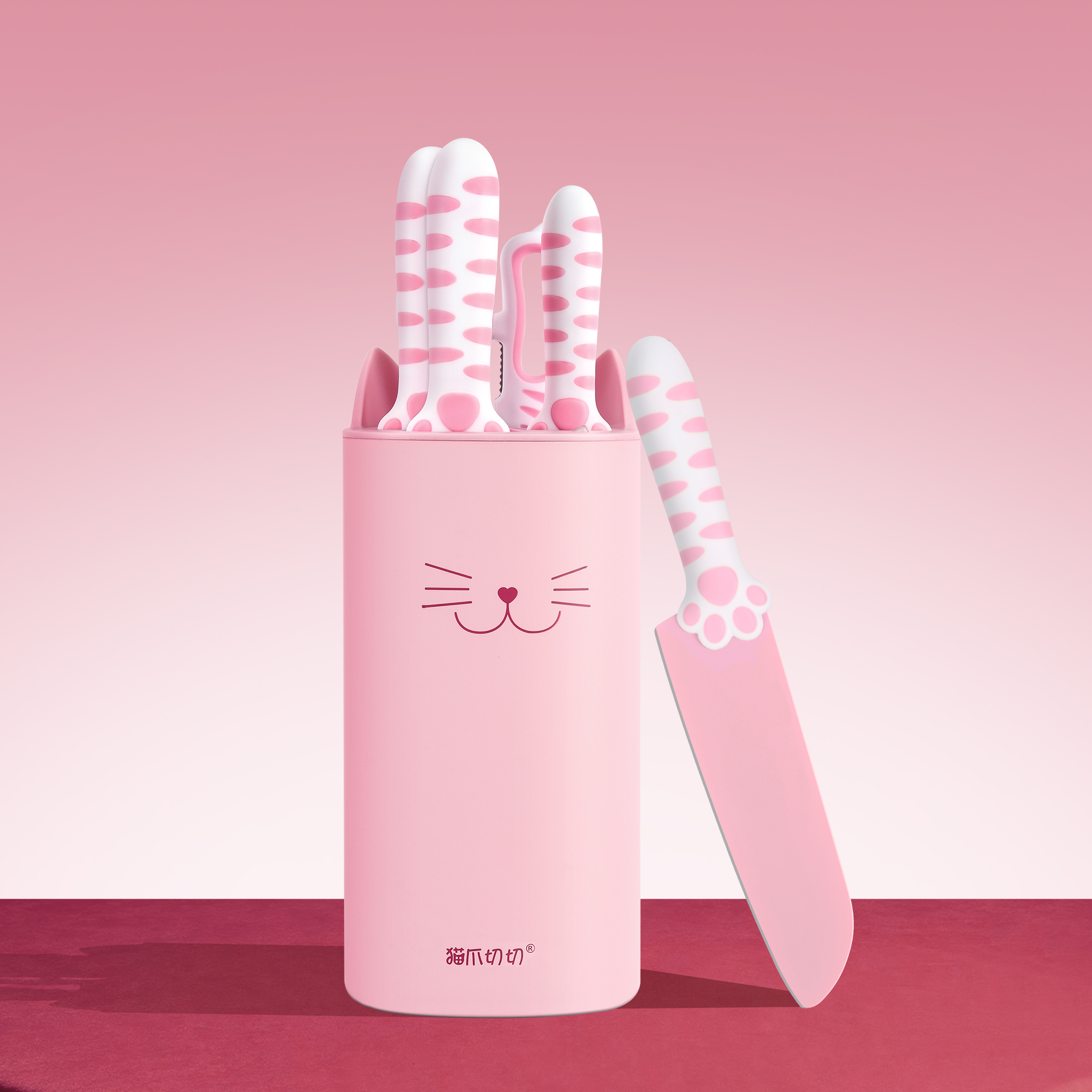 Meowkit 5-Piece Sakura Pink Kitchen Knife Set – Cute Knives with Block and Scissors
