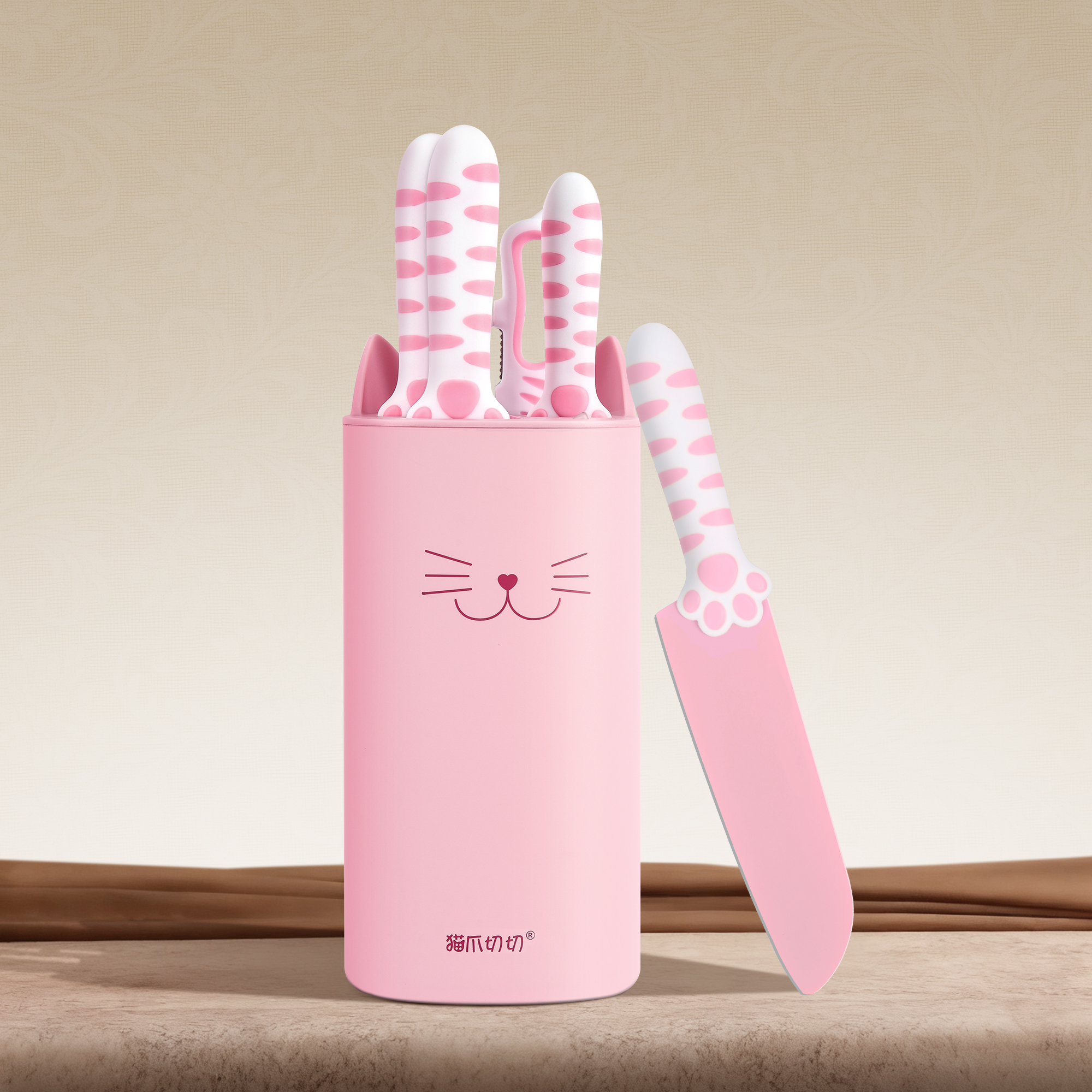 MEOWKIT 5-Piece Knife Set with Detachable Block – Nonstick Coated Blades (Sukura Pink)