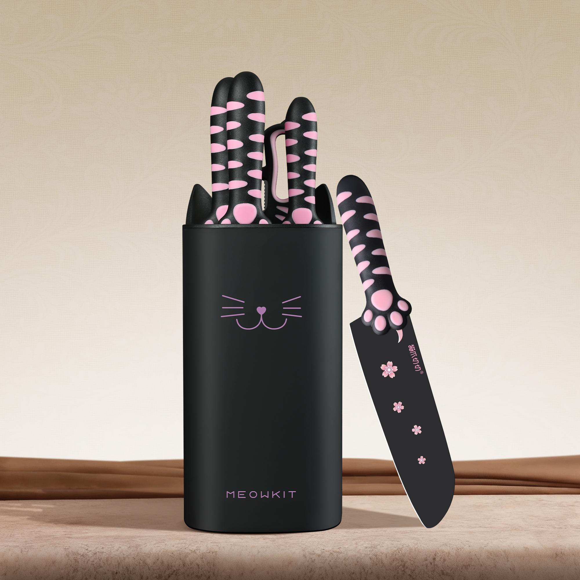 MEOWKIT 5-Piece Knife Set with Detachable Block – Nonstick Coated Blades (Black & Pink)