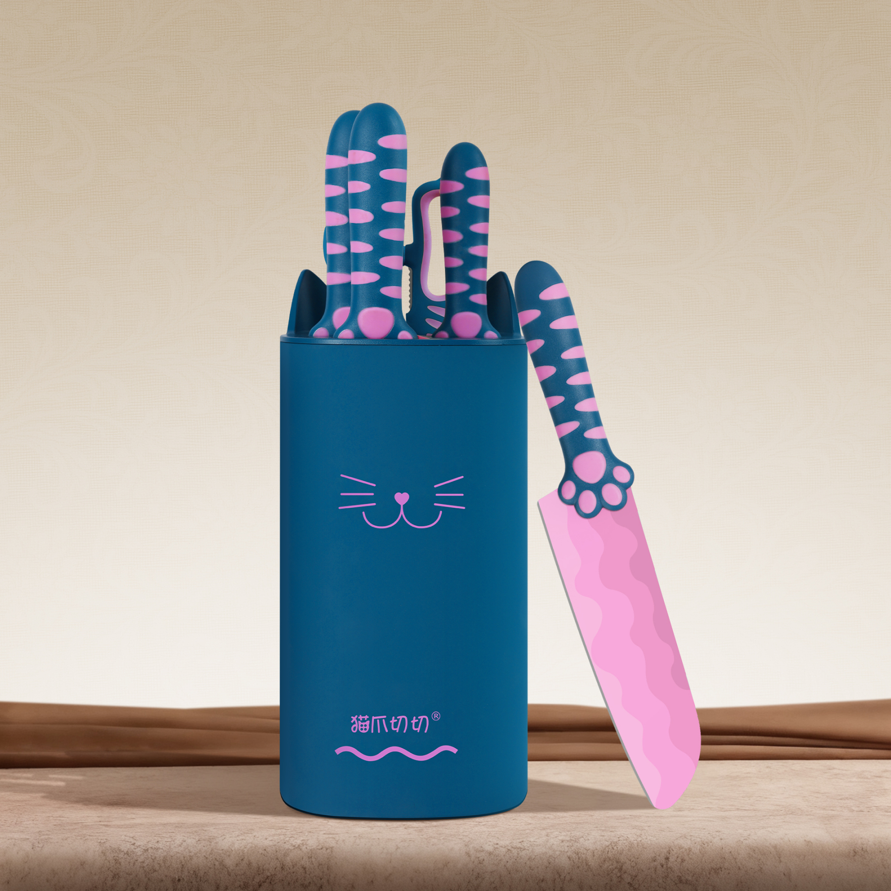 MEOWKIT Heart Sea Limited Edition Knife Set – Cat Paw Handles + Cat-Ear Block (with Scissors)