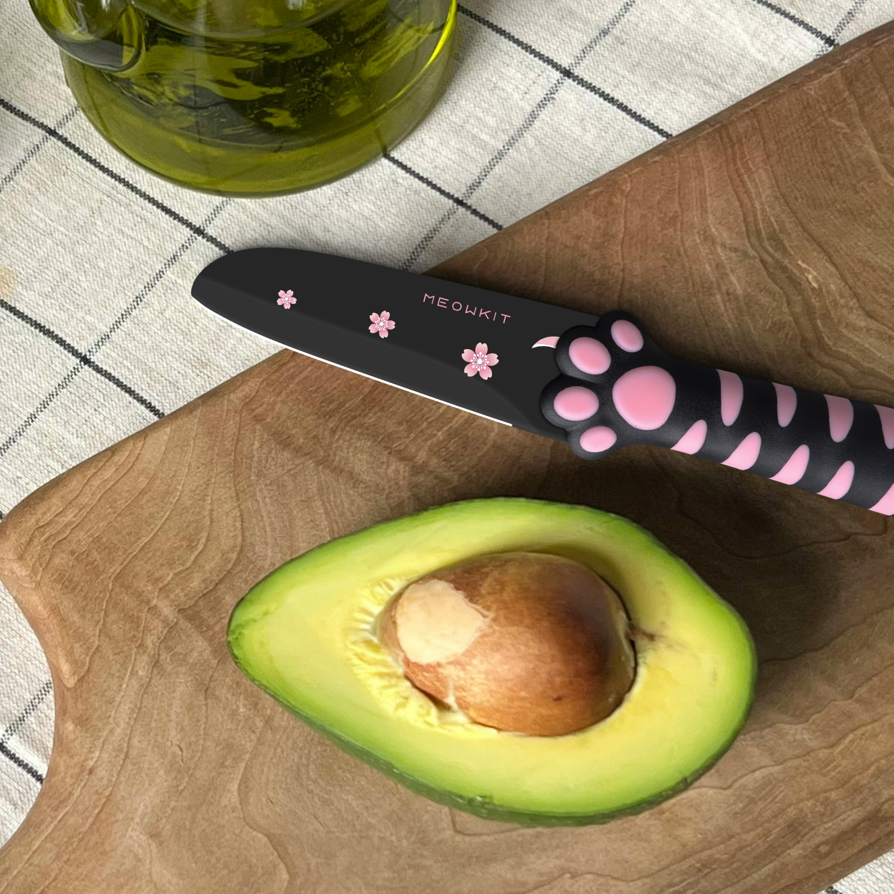 Meowkit 3 PCS Kitchen Knives – Cute Black & Pink Set with Blade Block for Meat & Cooking-Meowkit 