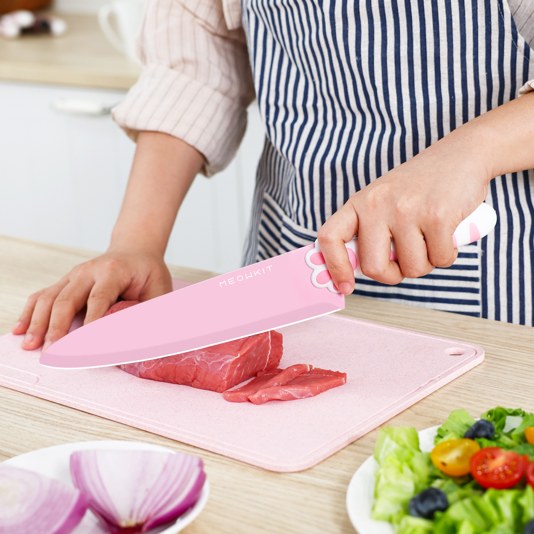 MEOWKIT 5-Piece Pink Kitchen Knife Set – Stainless Steel Blades with Non-Stick Coating