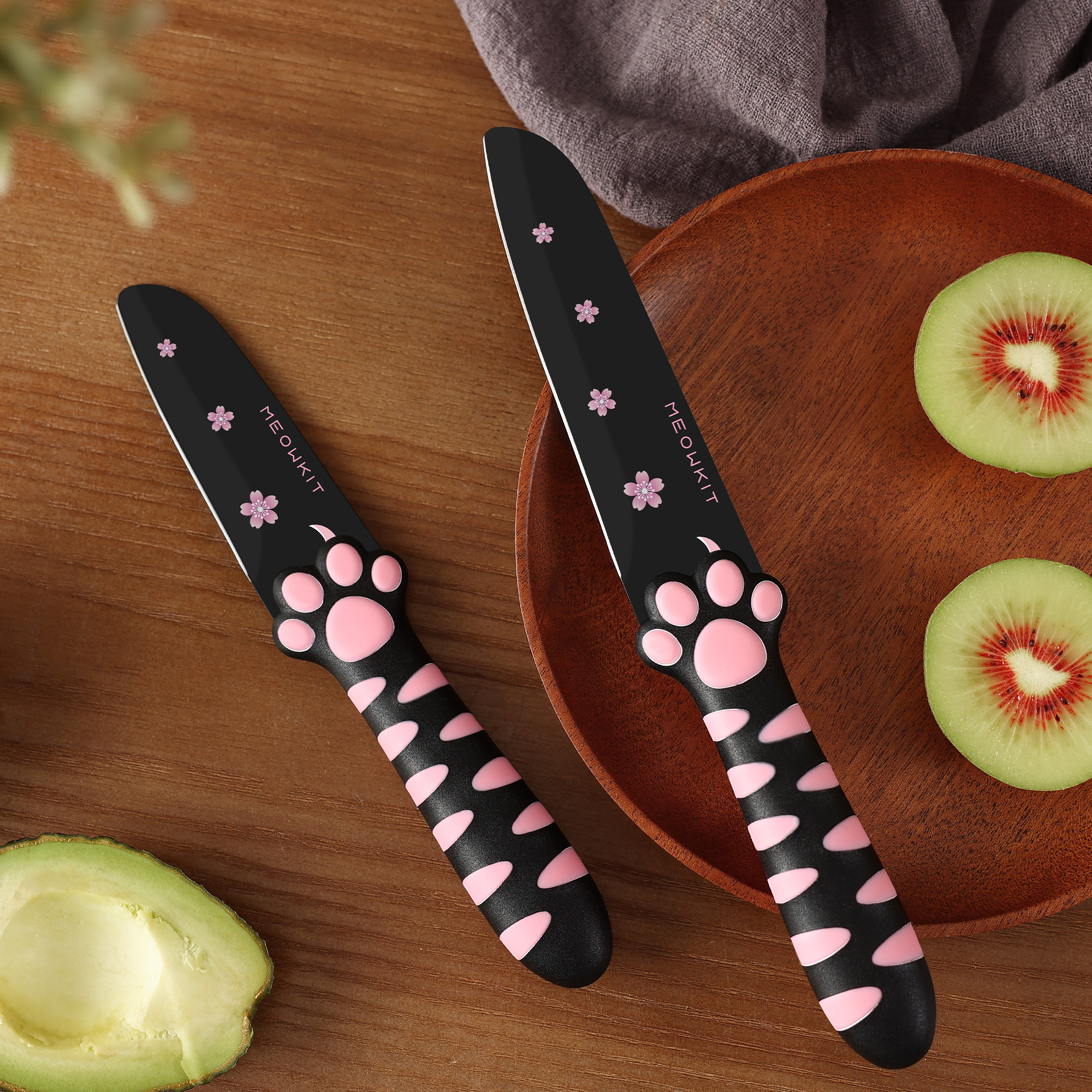 Meowkit 3 PCS Kitchen Knives – Cute Black & Pink Set with Blade Block for Meat & Cooking