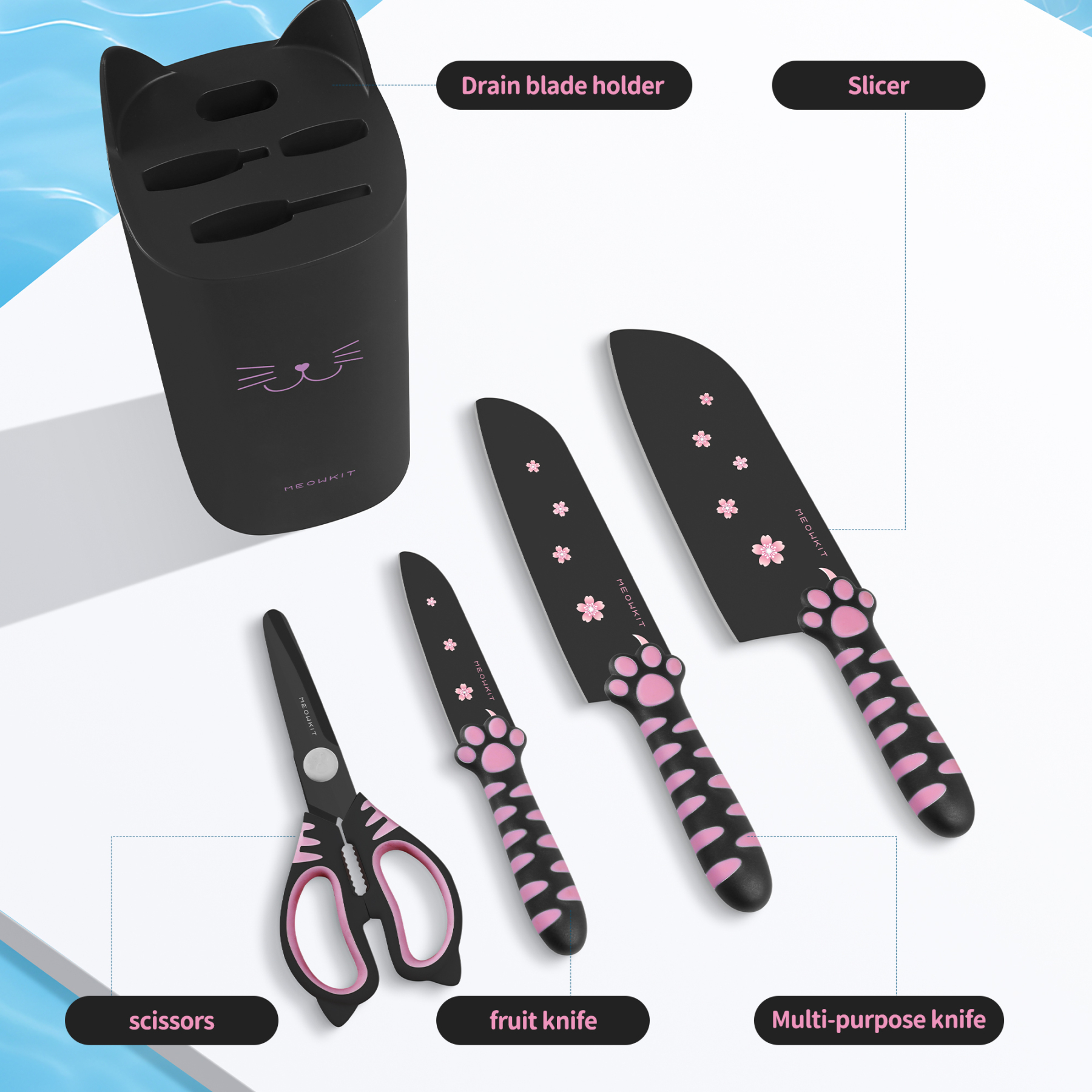 Meowkit 5 PCS Kitchen Knife Set – Pink & Black Cooking Blades with Storage Block, Cute & Modern Kitchen Essential-Meowkit 