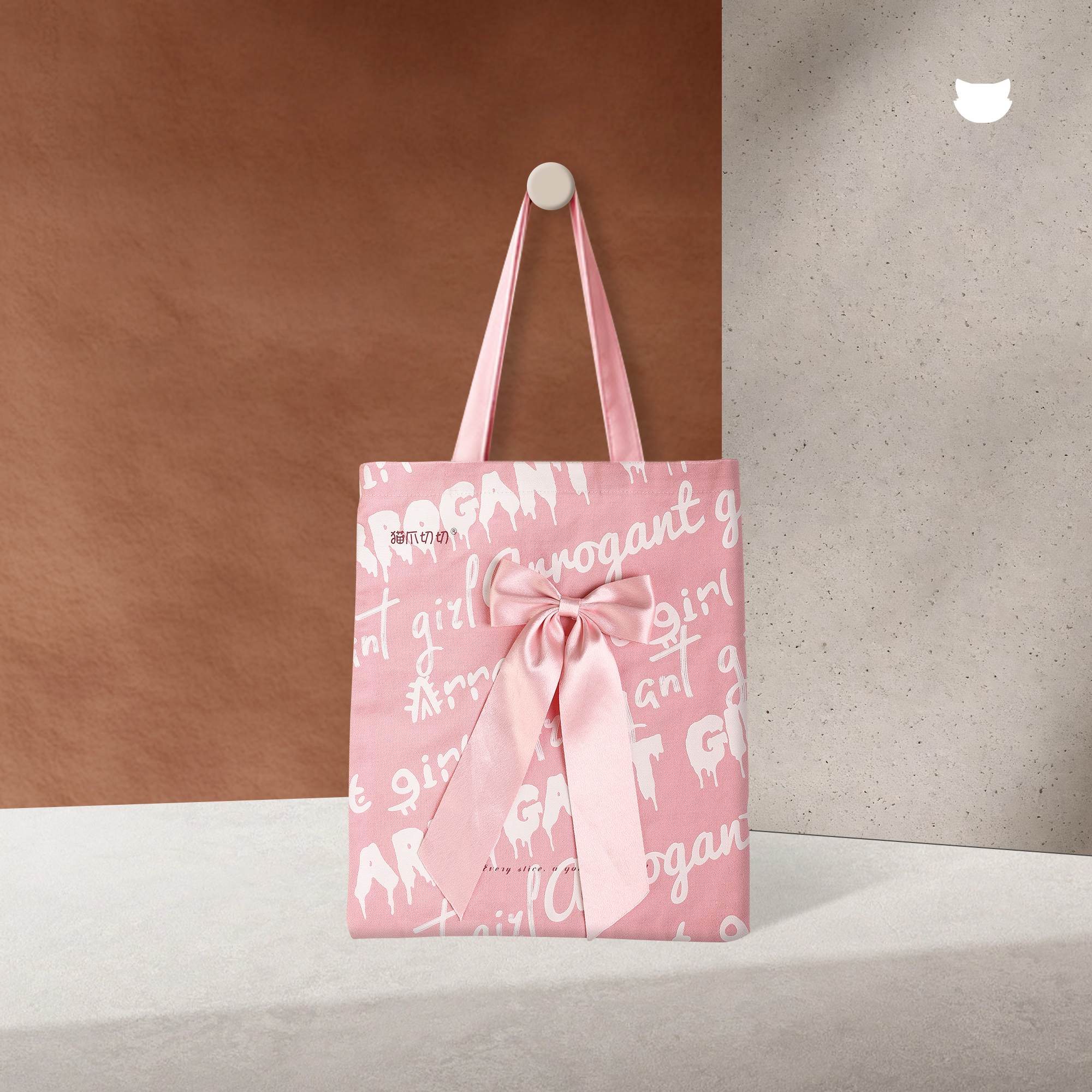 Meowkit Cat Paw Canvas Tote Bag – Stylish Cotton Tote with Detachable Bow Accent