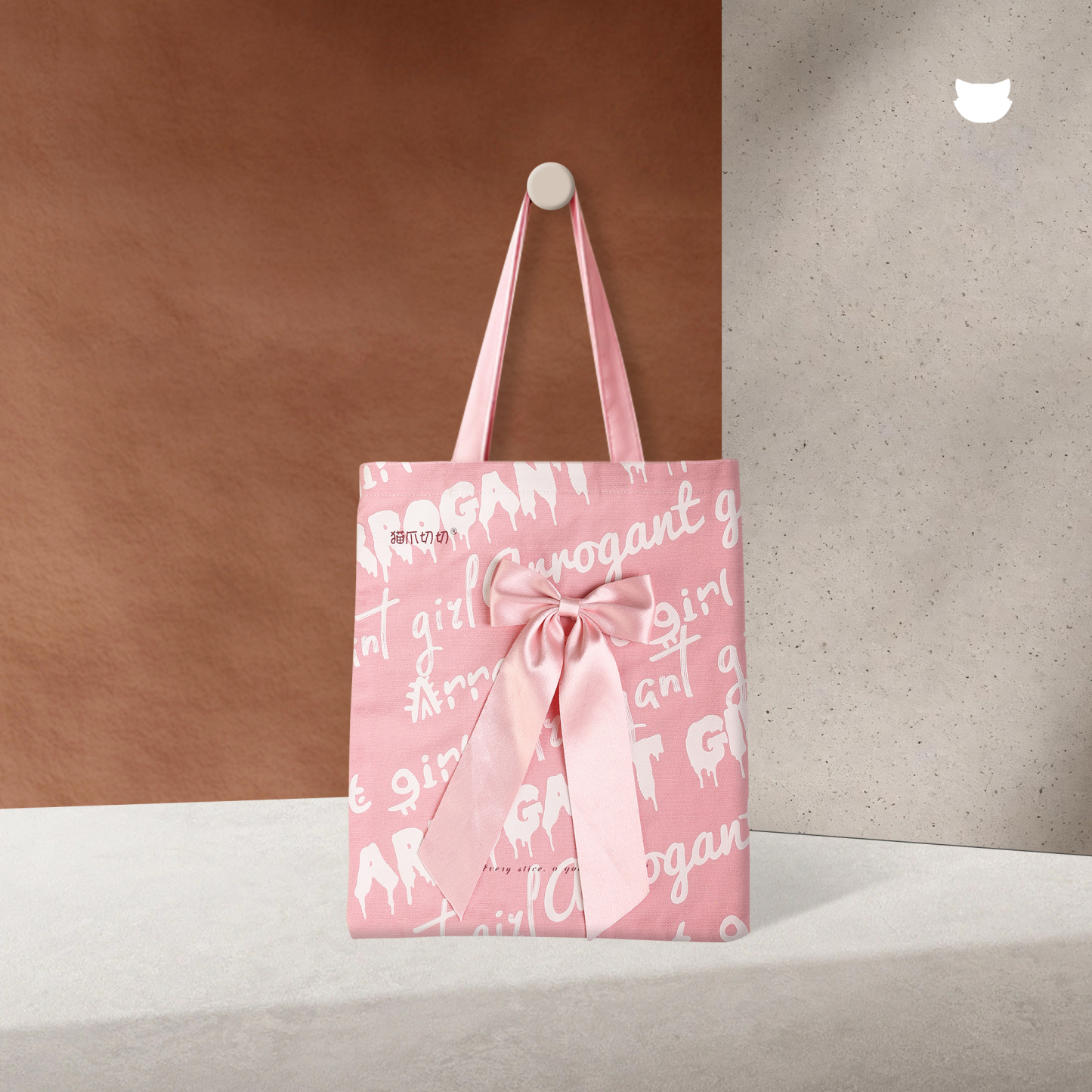 Meowkit Cat Paw Canvas Tote Bag – Stylish Cotton Tote with Detachable Bow Accent