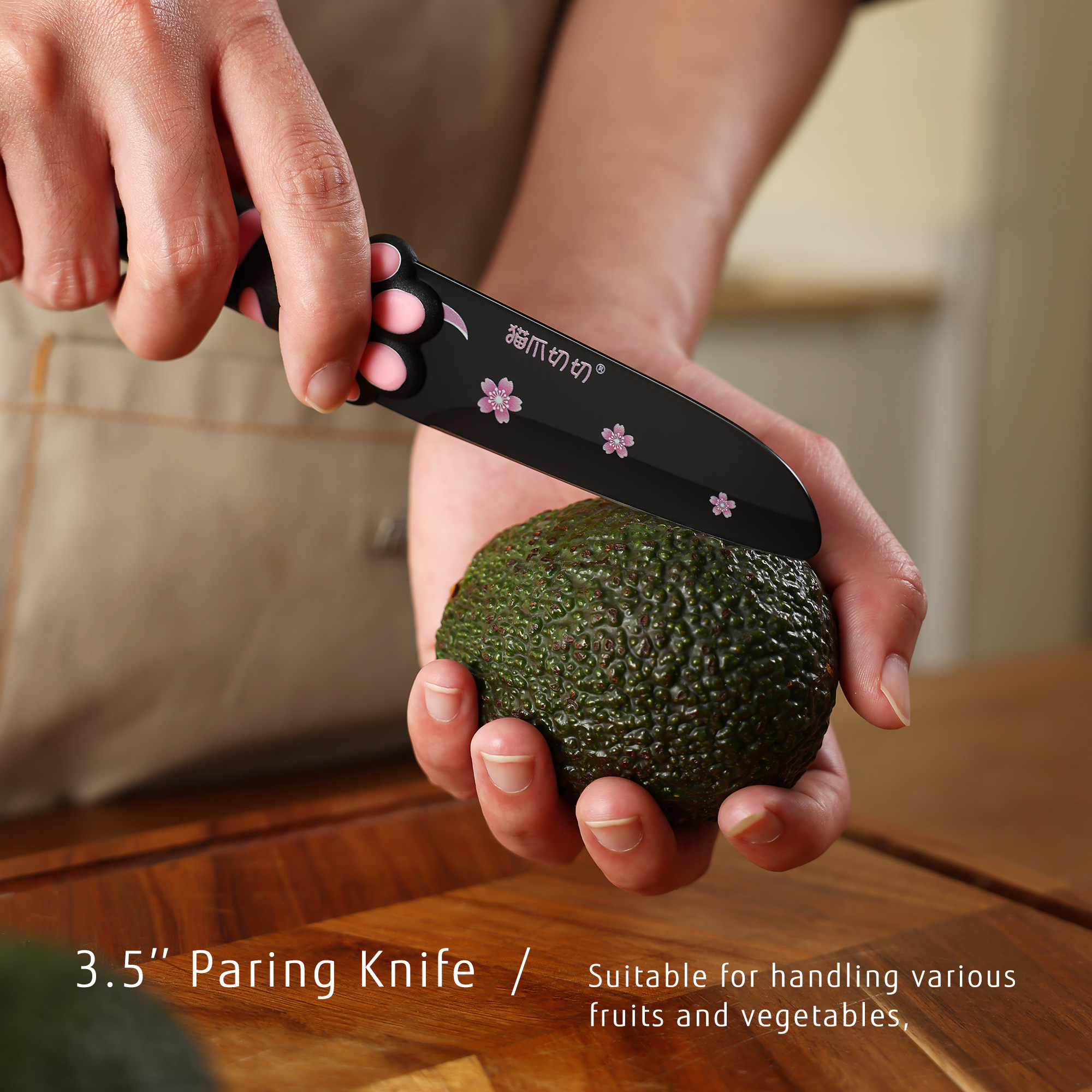 Meowkit 3 PCS Kitchen Knives – Cute Black & Pink Set with Blade Block for Meat & Cooking
