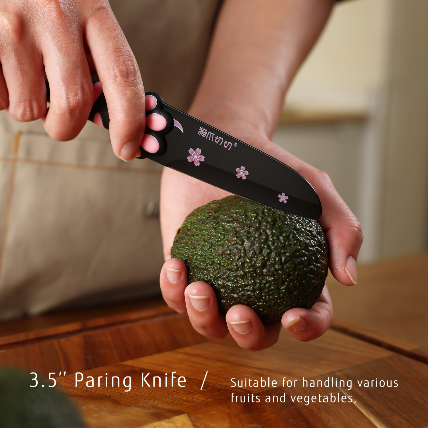 Meowkit 3 PCS Kitchen Knives – Cute Black & Pink Set with Blade Block for Meat & Cooking