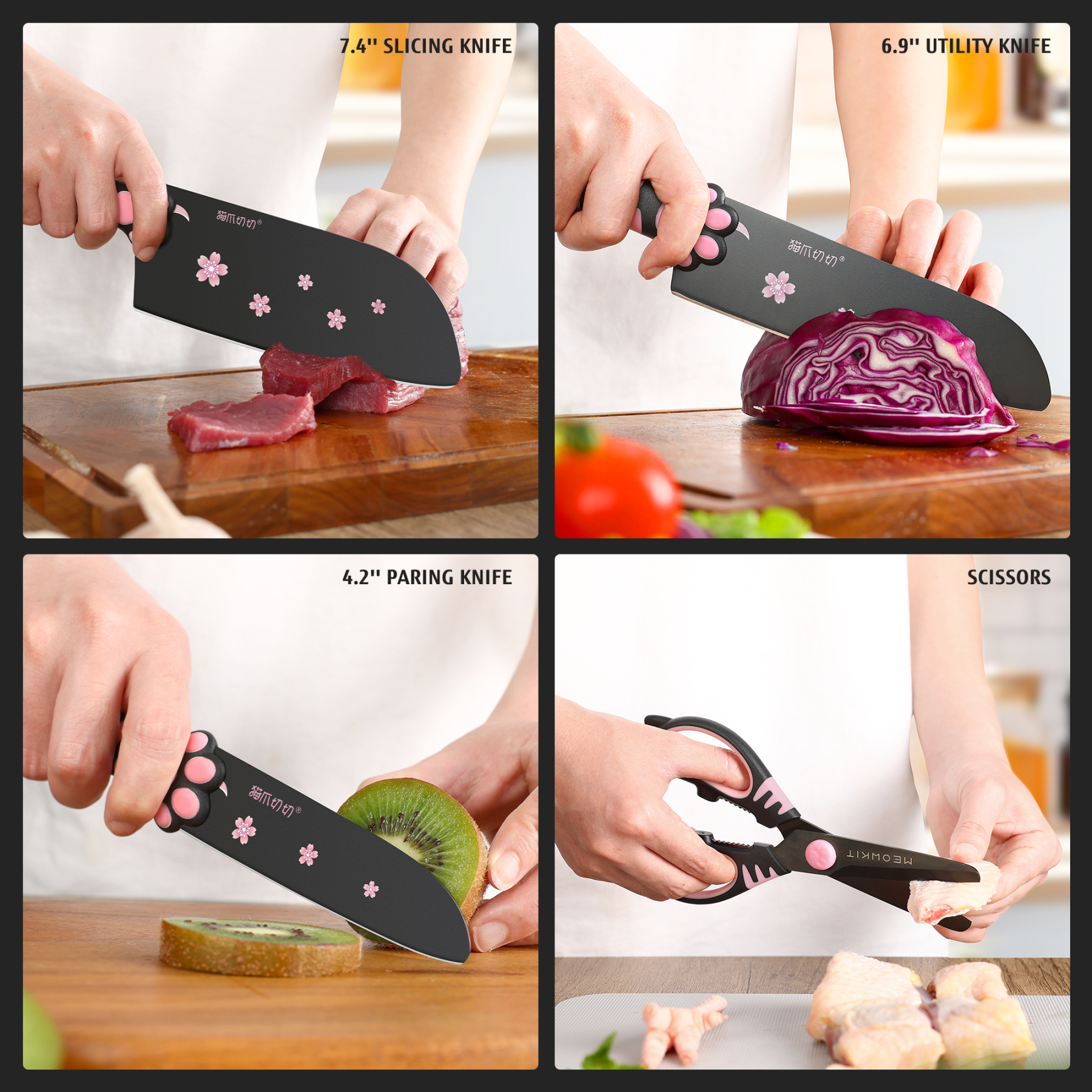 Meowkit 5 PCS Kitchen Knife Set – Pink & Black Cooking Blades with Storage Block, Cute & Modern Kitchen Essential-Meowkit 