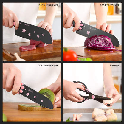 Meowkit 5 PCS Kitchen Knife Set – Pink & Black Cooking Blades with Storage Block, Cute & Modern Kitchen Essential-Meowkit 
