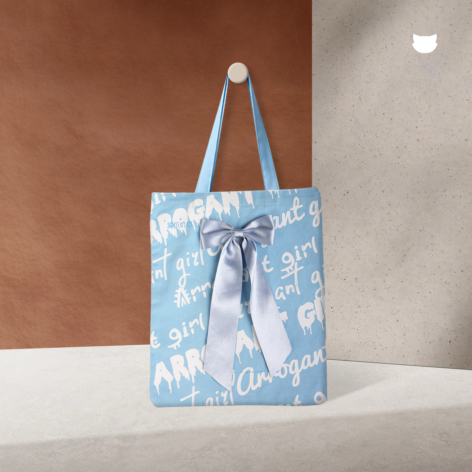 Meowkit Cat Paw Canvas Tote Bag – Stylish Cotton Tote with Detachable Bow Accent