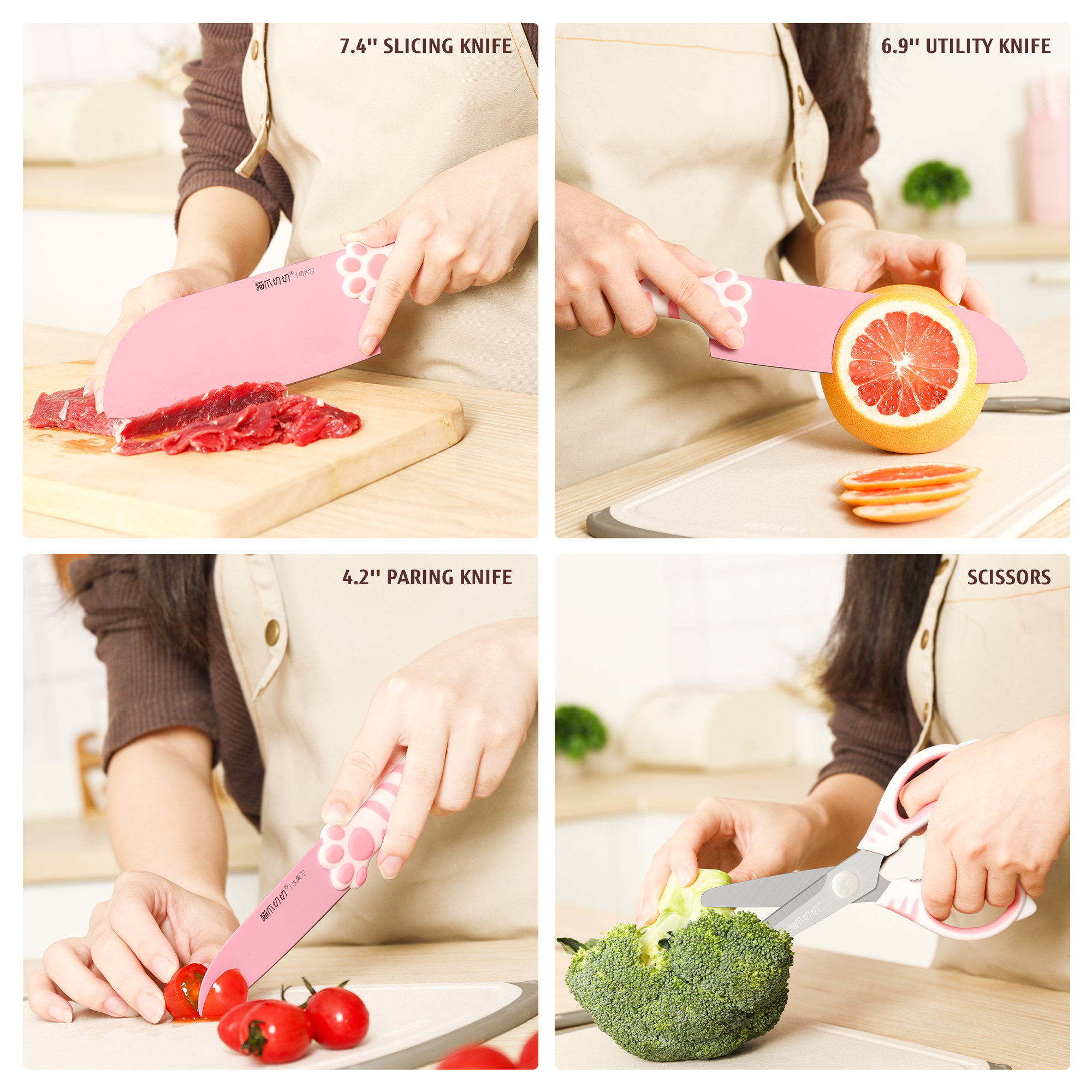 Meowkit 5-Piece Sakura Pink Kitchen Knife Set – Cute Knives with Block and Scissors